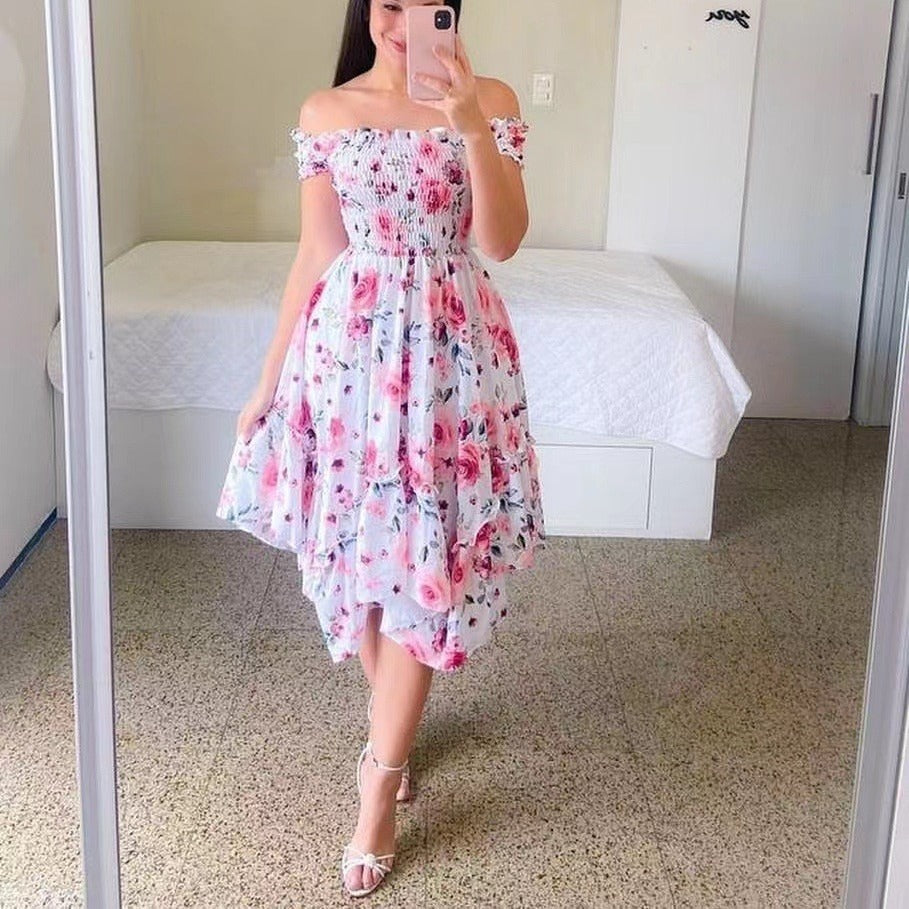 fashion cross-border   one-shoulder asymmetrical off-shoulder short-sleeve digital print dress