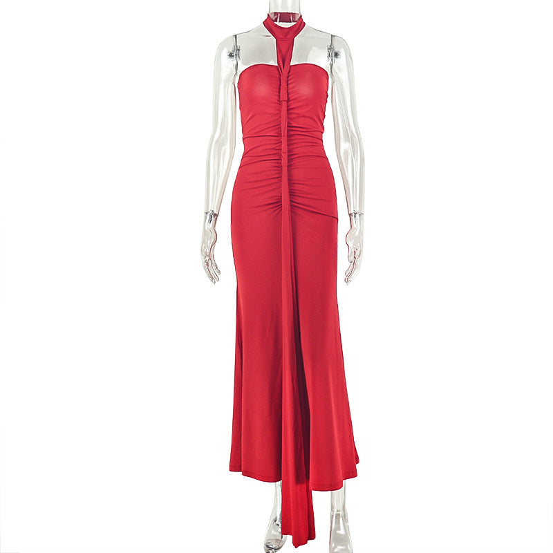 Fashion style pure colorelegant women's backlesstube top silm hip skirt pleated low-cut banquet backless trendydress