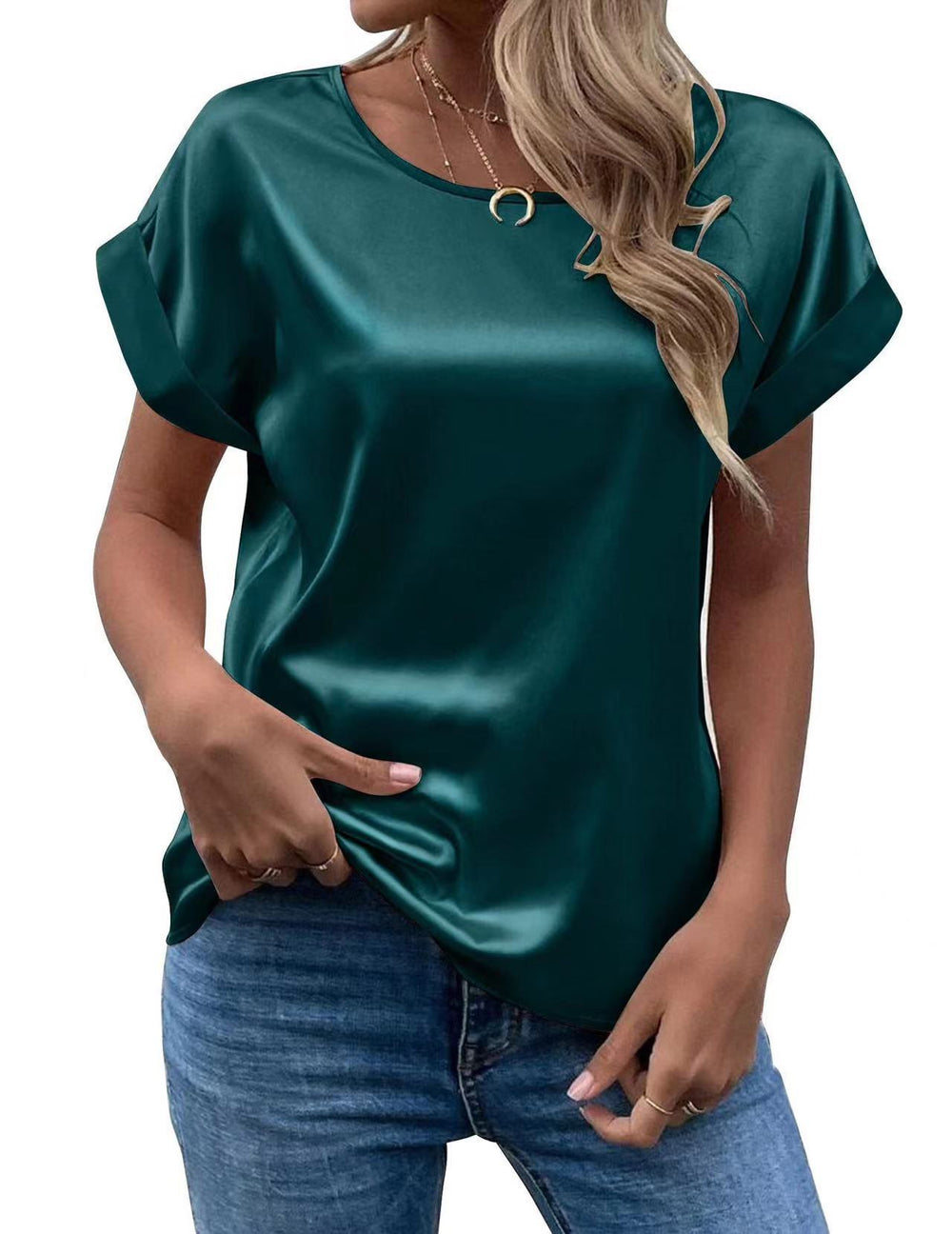 Women's short-sleeve satin blouse - relaxed fit, versatile crew neck, satin shirt - cross-border   new arrival
