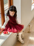 Girls' dress  winter collection: stylish and chic red fleece-lined vest dress, warm long-sleeve set