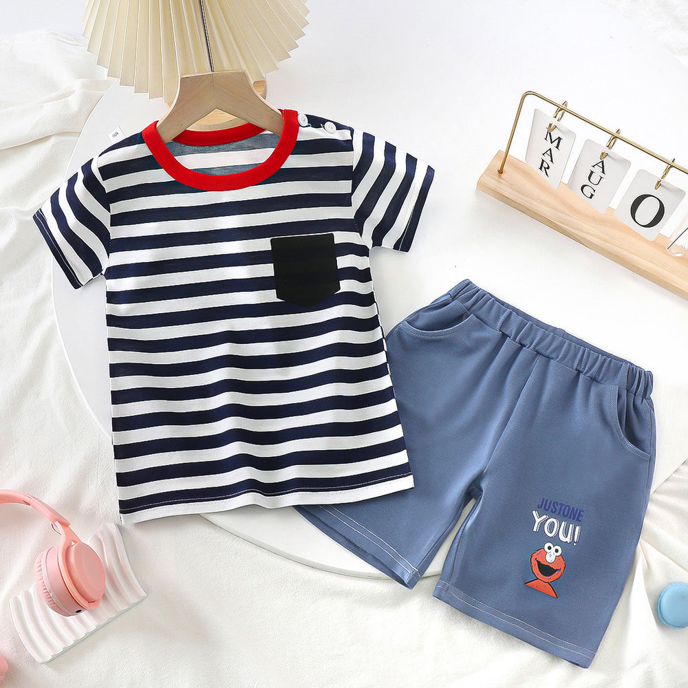 summer kids' short-sleeve set: toddler & children's pure cotton denim casual short-sleeve & shorts two-piece outfit - dropshipping available