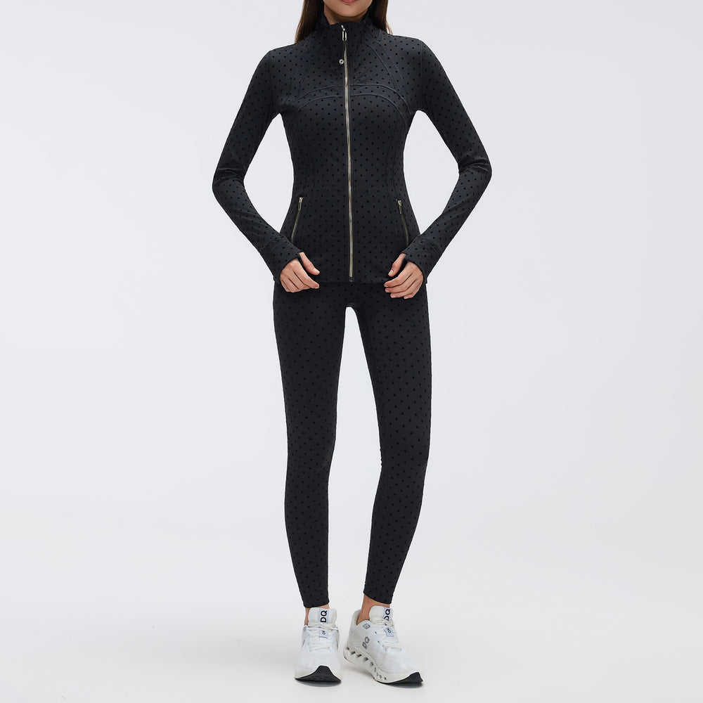 Big brand same style beautiful black polka dot yoga leggings women's stand collar jacket outwear silmslimming look sports suit