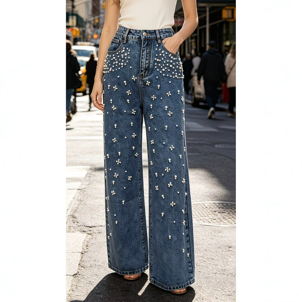 European and american style women's high-waisted wide-leg jeans - beaded, washed, loose-fit, and drapey denim pants for cross-border e-commerce
