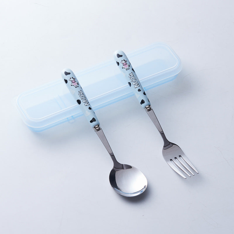 Portable storage cutlery set - cute cow design stainless steel children's dinnerware set: fork, spoon, and chopsticks