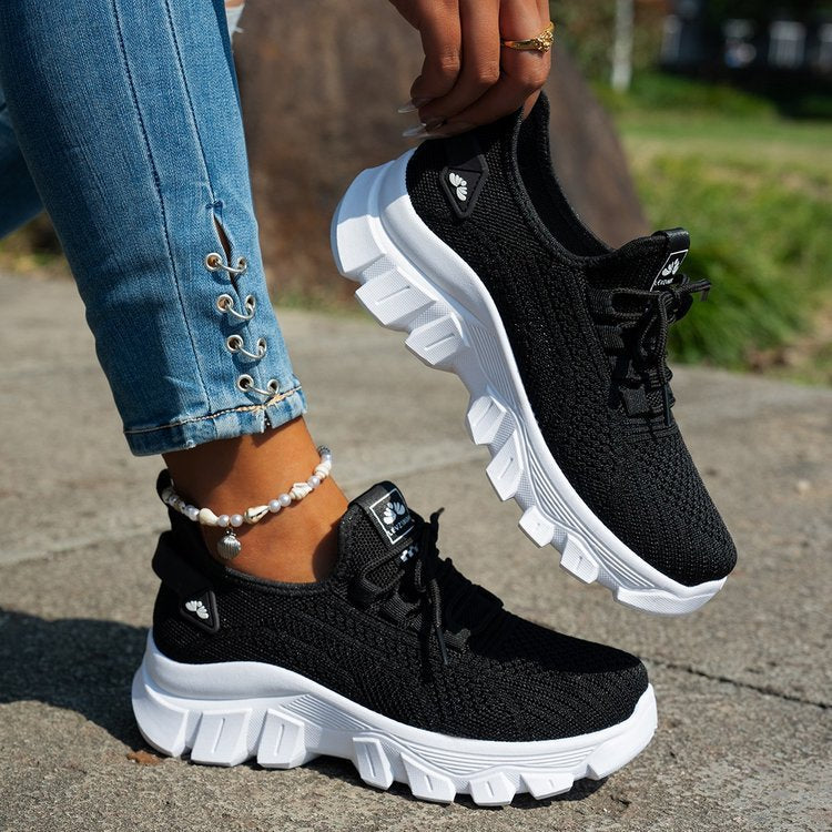 Women's athletic sneakers for export, summer  collection: plus size flyknit breathable running shoes, soft sole casual lace-up lightweight sneakers