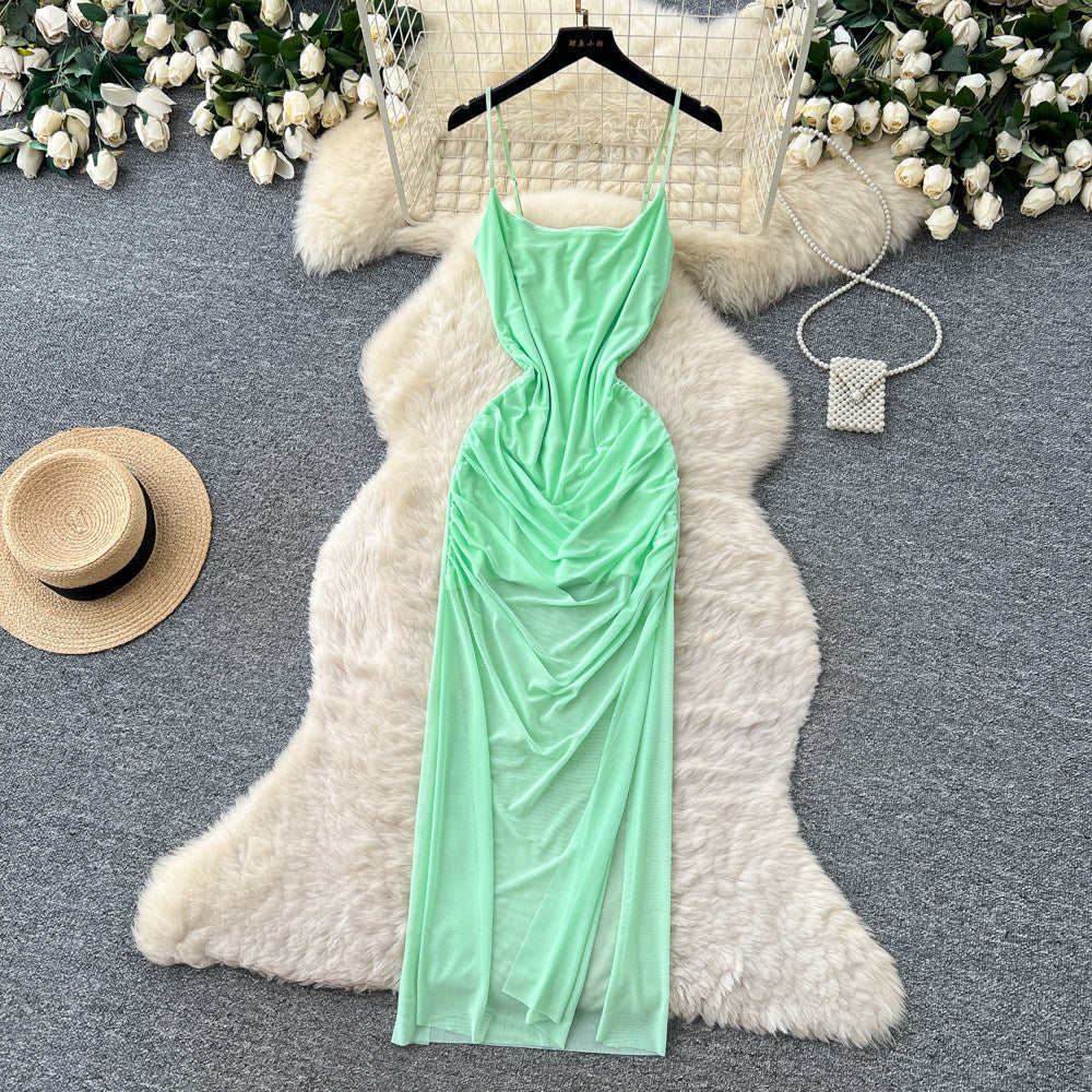 Accessible luxury red suspender mesh breathable dress female k-style sleeveless waist slimming look long skirt classy sense of commuting