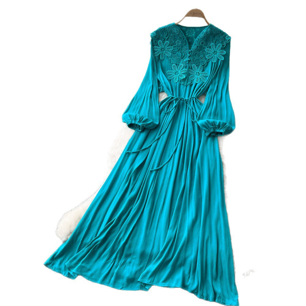 Retroelegance style lantern sleeve v necklacepatchworkdress female k-style waist slimming lookelegant long skirt