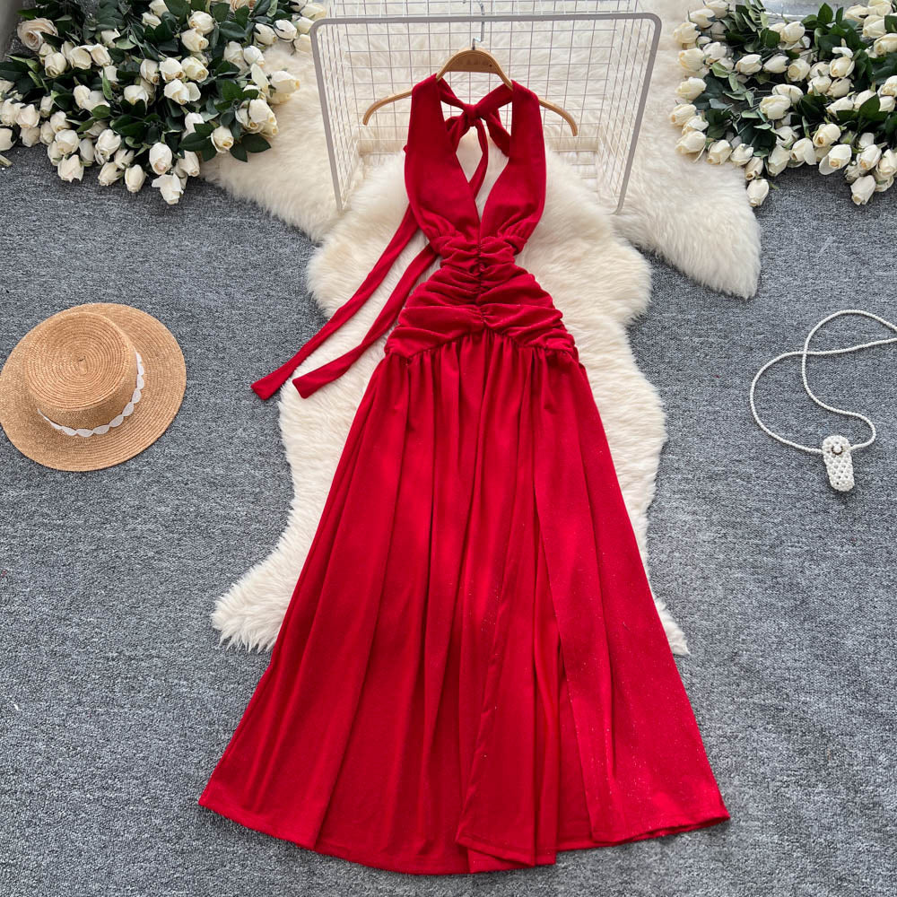 Red dress women's  summer atmosphere deep v neck halter suspender waist elegant slit backless long skirt