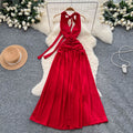 Red dress women's  summer atmosphere deep v neck halter suspender waist elegant slit backless long skirt