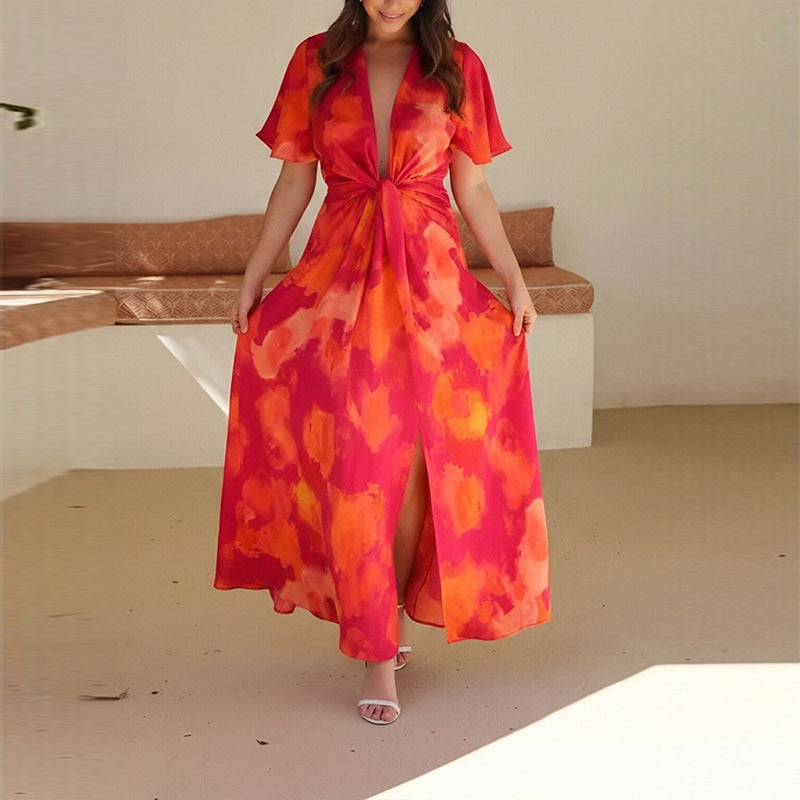 summer new women's fashion: european and american style cross-border dress - trendy casual vacation style tie-waist loose maxi dress