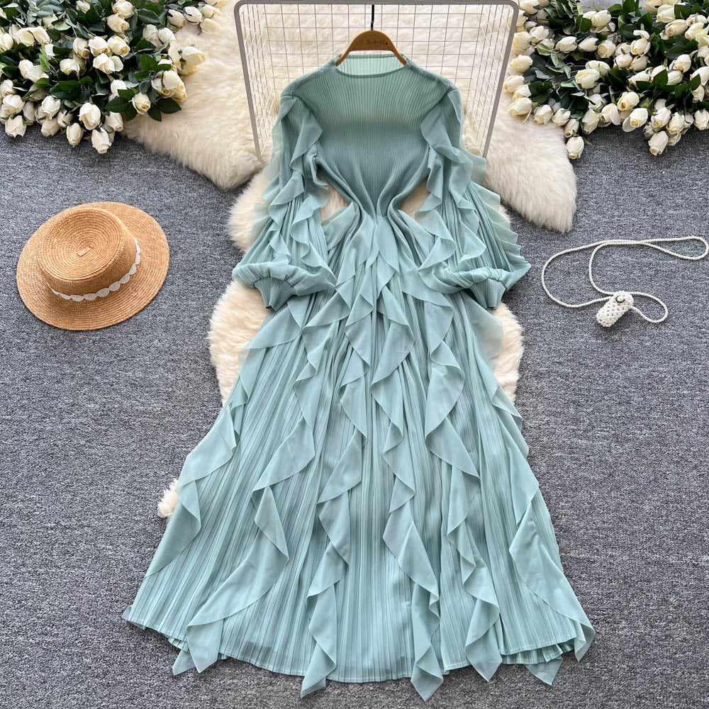 Miya european and american dress women's  autumn high-end slimming waist ruffle lantern sleeve pleated maxi dress