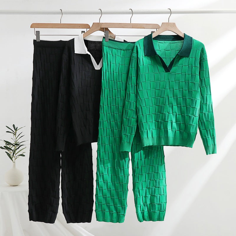 Trendy knit set:  autumn new korean style half-open collar pullover knit top & casual pants two-piece set