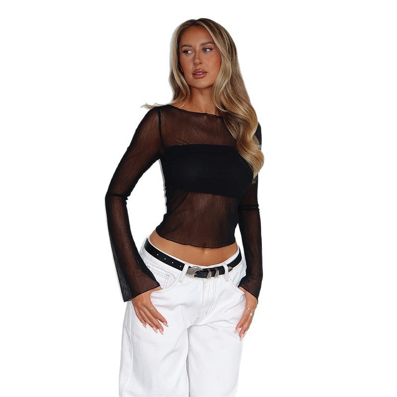 Fashion cross-border  summer new style round neck long sleeves mesh see-through waist tops bottom inner hot girl t-shirt