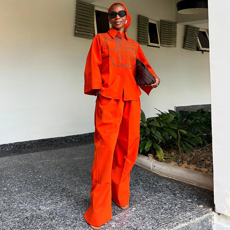 European and american cross-border african women's clothing  autumn new arrival: collared loose-fit printed shirt and high-waisted wide-leg pants set