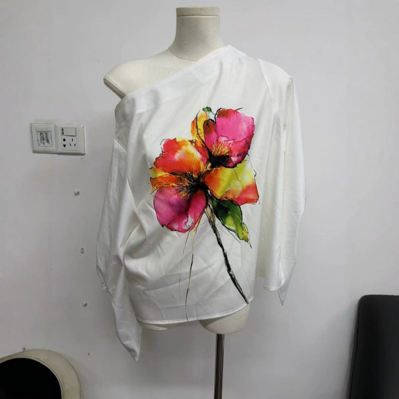 Amazon watercolor floral placement print asymmetrical neck lantern sleeve blouse - casual, loose fit, slimming top for women