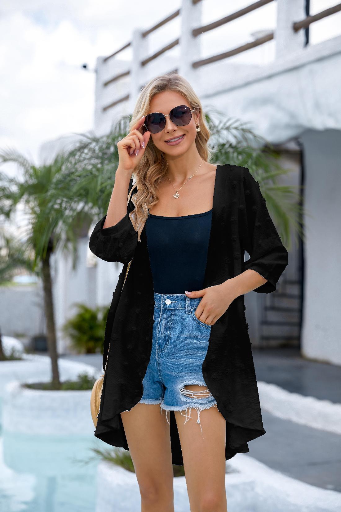 2025 new European and American vacation sunscreen clothes women's beach jacket bikini blouse jacquard big hairball seven-quarter sleeve cover