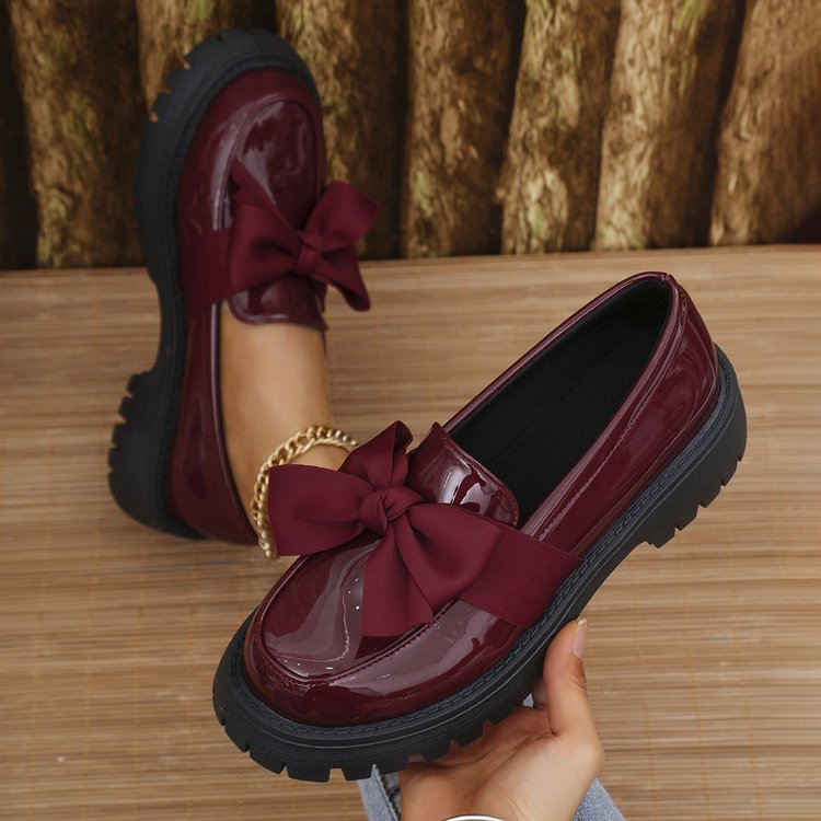 cross-border large size 35-43 black loafers women's niche bow thick bottom small leather shoes retroflats women