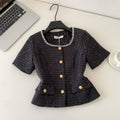 French style beaded square neck short sleeve blouse - women's commute top with sequins, elegant, slimming, and figure-flattering