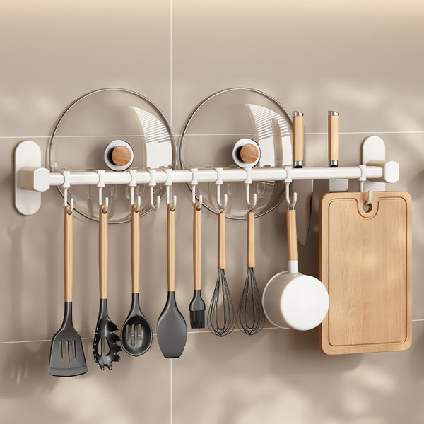 White kitchen hook rack, non-punching double rod knife holder, lid rack, wall hanging spatula, space aluminum storage hanger