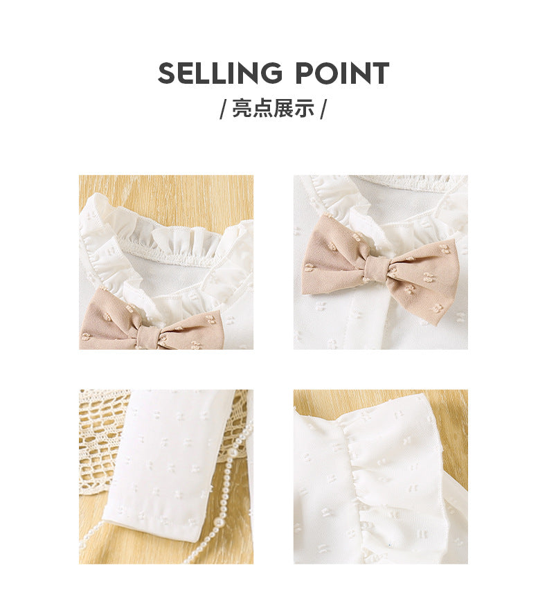 Girls' foreign trade skirt set: lace-trimmed white blouse with bow and ruffle hem skirt - two-piece outfit for kids