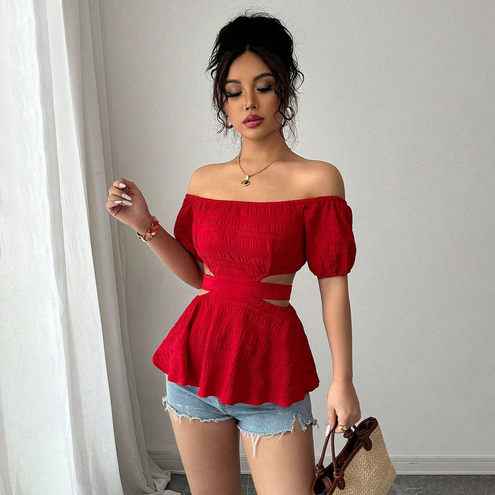 Shein  independent station  women's clothing sexy one-word collar off-the-shoulder T-shirt summer hollow tube top short top