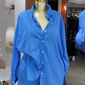 European and american cross-border women's fashion  autumn new arrival casual rhinestone-embellished long-sleeve blue striped shirt and high-waisted shorts set