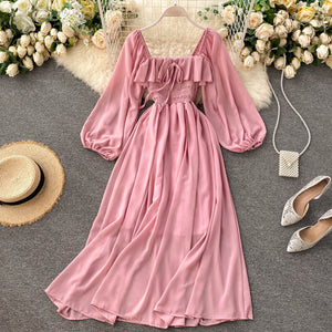 Chic and gentle style dress, autumn collection, 2020 new arrival, women's french vintage square neck, stylish puff sleeve chiffon dress
