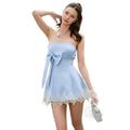 European and american women's clothing  summer new arrival: pure & sultry bandeau dress with bow tie straps, lace trim, and sleeveless off-the-shoulder design