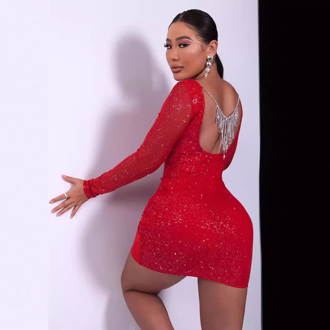 2023  women's clothing sexy temperament high-end celebrity dress tight and thin black silk flash backless dress