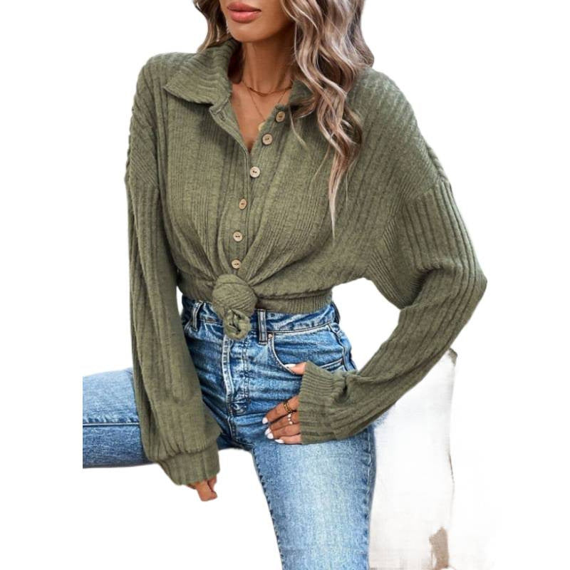 cross-border women's ribbed knit half-open cardigan with stand collar, puff sleeves, and relaxed fit
