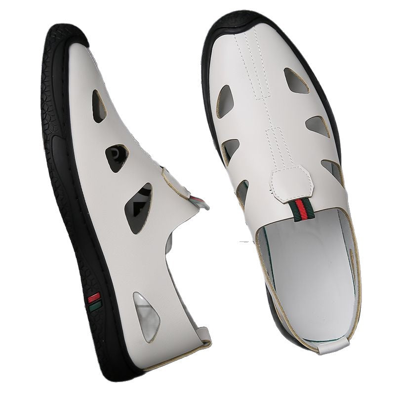 2025 new summer men's soft leather shoes, men's soft sole casual shoes, comfortable breathable perforated leather sandals for men