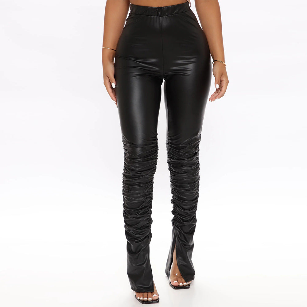 Fashionins style pu leather pants for women cross-border popular pile pants high waistpants leather pants female sexy tight fashion
