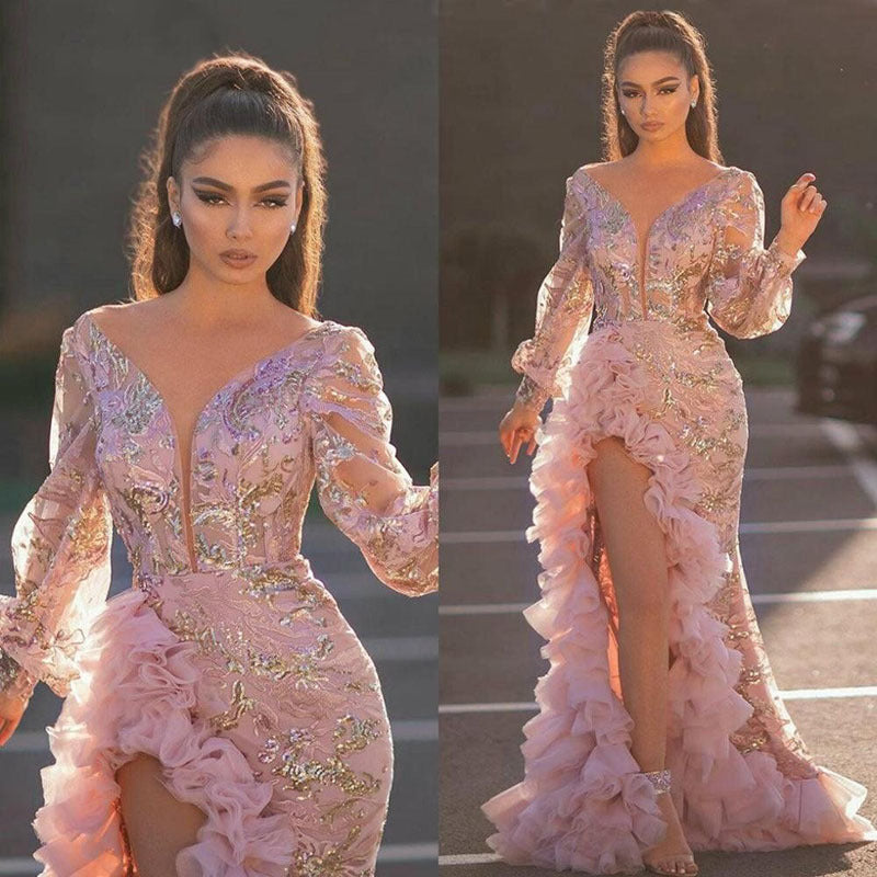 spring/summer new european and american style sexy hip-hugging sequined pink long mesh evening gown with train