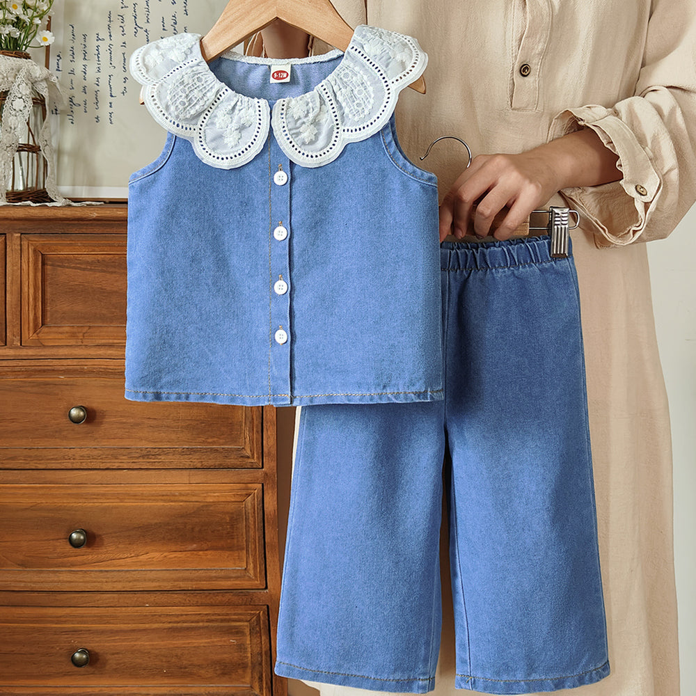 baby girl summer outfit set - new stylish kids' clothes, doll collar sleeveless denim two-piece summer set