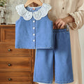 baby girl summer outfit set - new stylish kids' clothes, doll collar sleeveless denim two-piece summer set