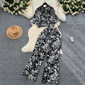 Salt style light mature style suit women's fashioneasiest for matchlooseshortprintingshirt+high waistslimming lookloosecasual pants