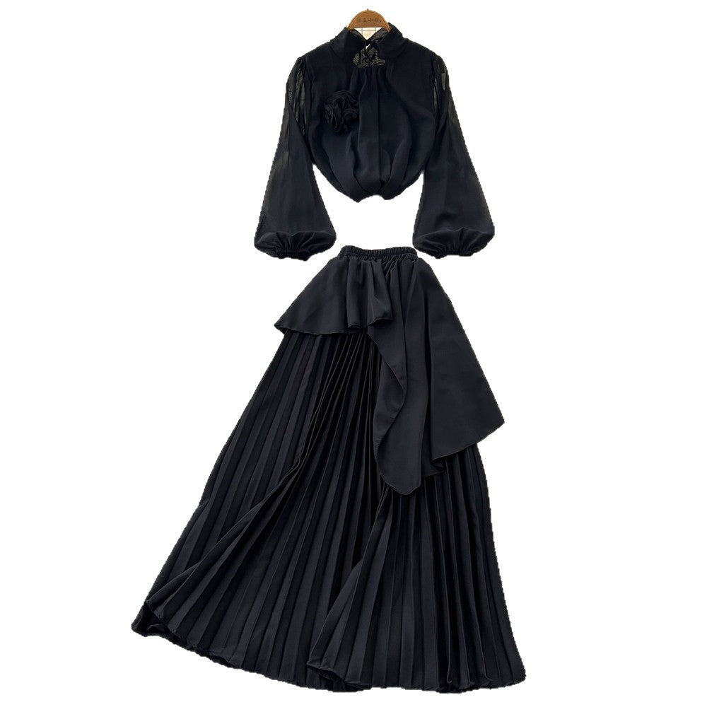 Light mature style red lantern sleeve stereo flower two-piece set women's spring waist pleated skirt classyelegantsuit