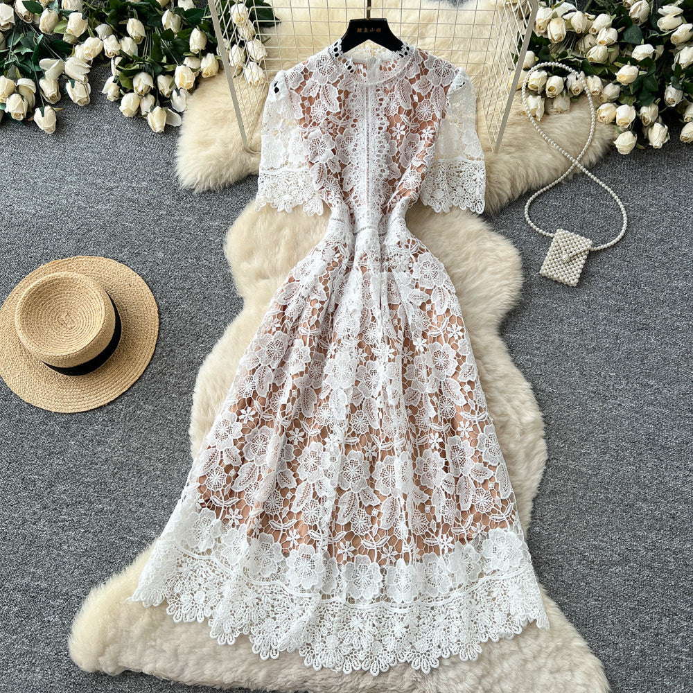 Retroelegance heavy industry cut out crochet water soluble lacedress women's french waist slimming look short sleeve dress long skirt