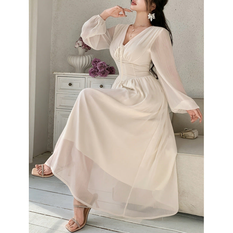 Women's spring/summer fashionable and elegant solid color v-neck tie-waist long sleeve a-line maxi party dress