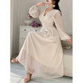 Women's spring/summer fashionable and elegant solid color v-neck tie-waist long sleeve a-line maxi party dress