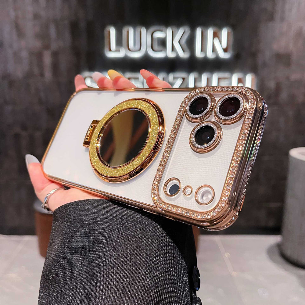 Luxury rhinestone-embellished frame case for iphone 17 pro max, apple 16 glitter mirror magnetic stand case