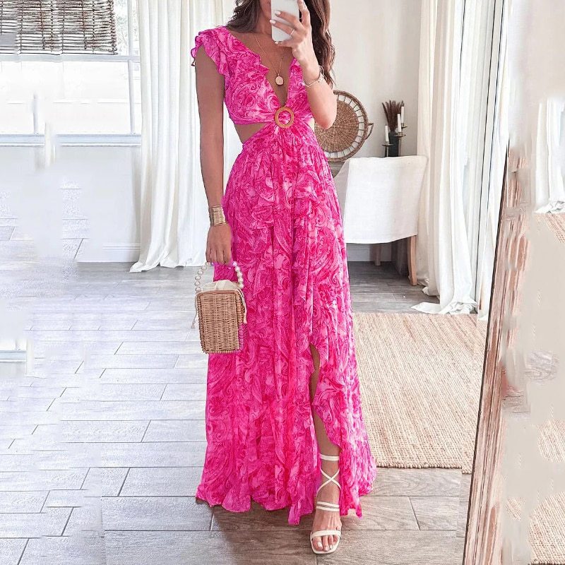 summer new women's clothing: cross-border fashionable printed v-neck ruffle hem slit dress for export to europe and the us
