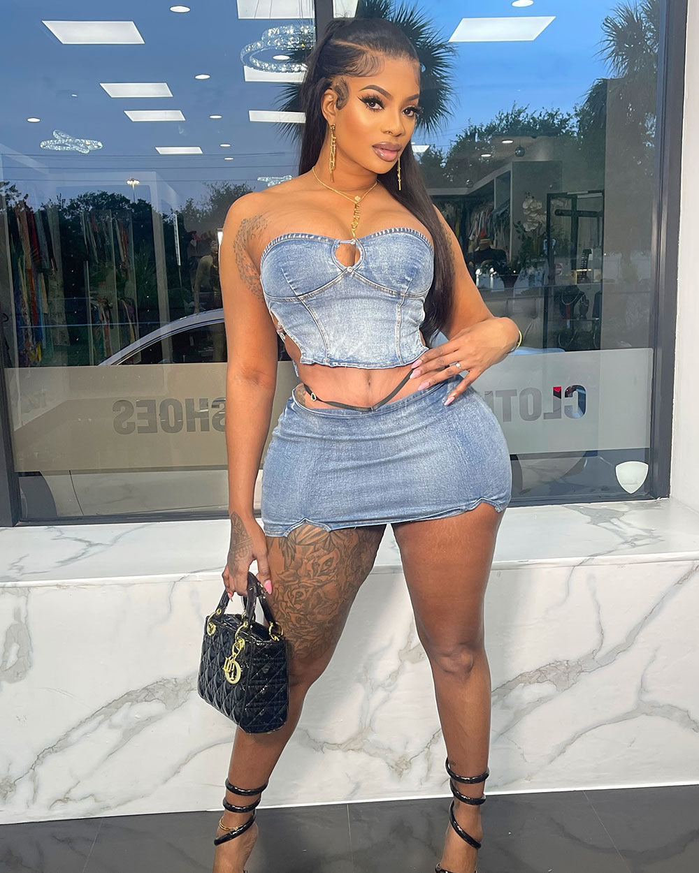 European and american style women's denim skirt set -  cross-border fashion - sexy bandeau denim top with slit mini skirt