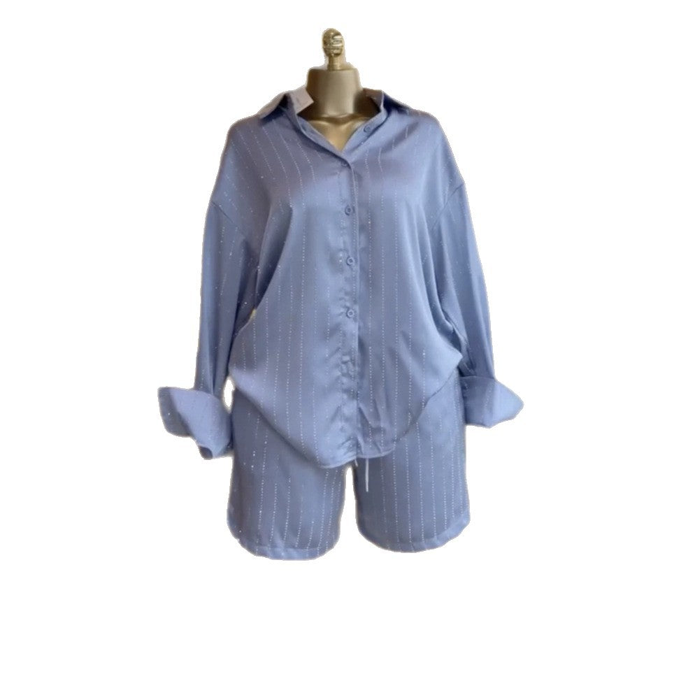 European and american style women's clothing  autumn new collection: sweet and fresh striped turn-down collar long-sleeve shirt and high-waisted straight-leg shorts two-piece set