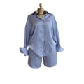 European and american style women's clothing  autumn new collection: sweet and fresh striped turn-down collar long-sleeve shirt and high-waisted straight-leg shorts two-piece set