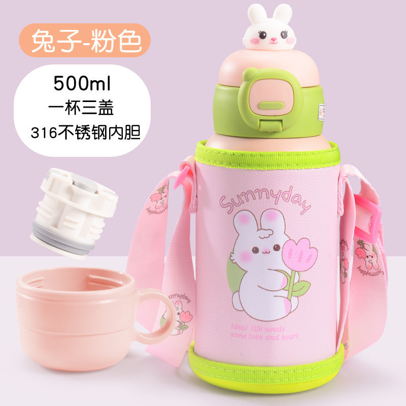 Cartoon 316 stainless steel insulated tumbler with straw, cup sleeve, portable single cup, double lid water bottle - wholesale gift option