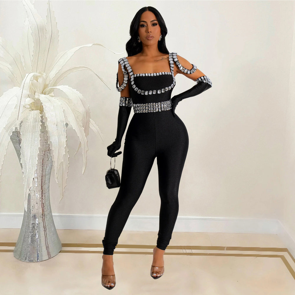C7001 cross-border   independent station fashionfashion women's new style suspender hot diamond long jumpsuit