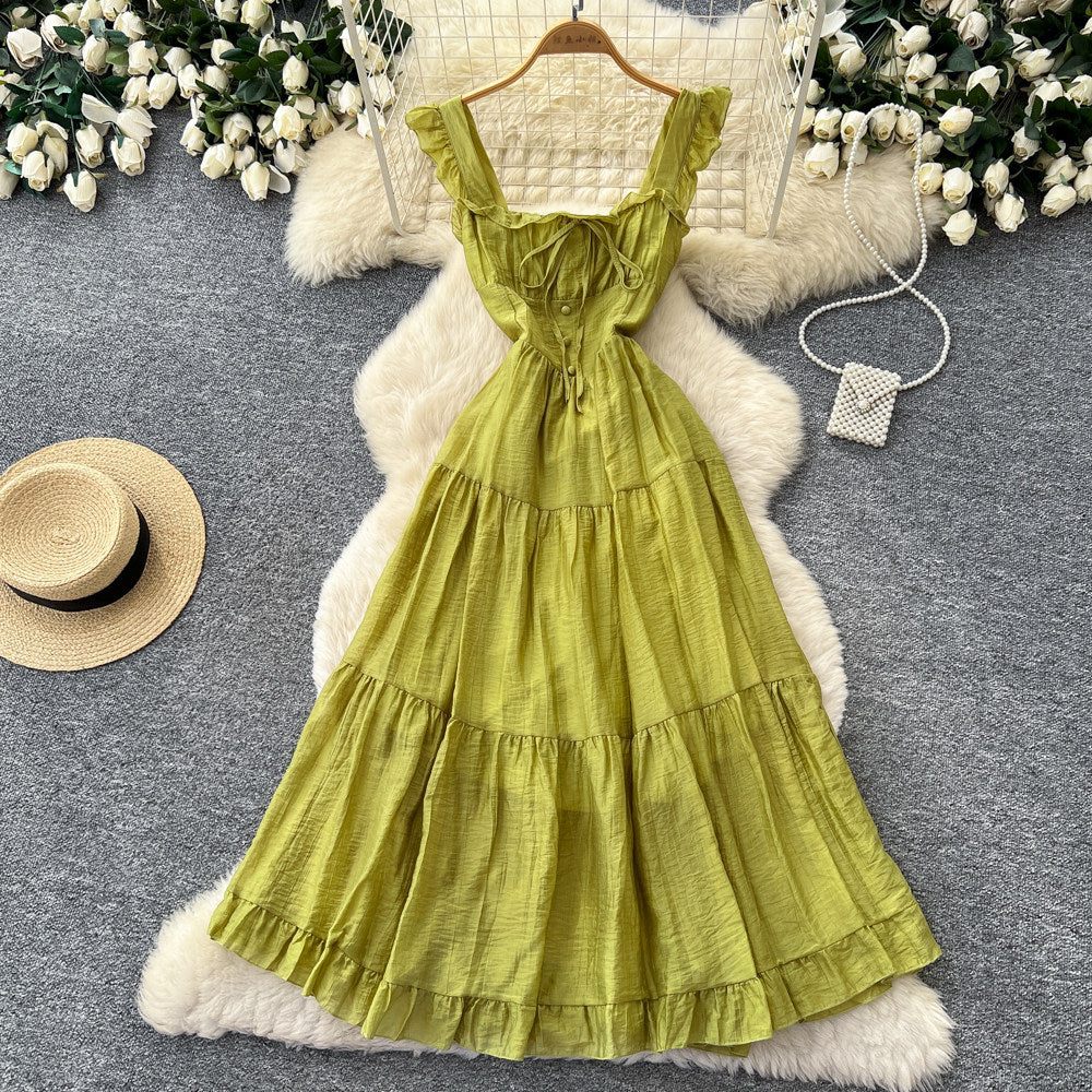 French romantic style spaghetti strap playful sleeveless dress - women's summer tie-waist slimming a-line cake dress - vacation style
