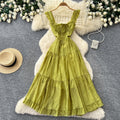 French romantic style spaghetti strap playful sleeveless dress - women's summer tie-waist slimming a-line cake dress - vacation style