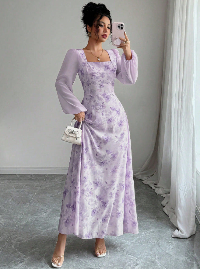 European and american cross-border  french mist light green smudged long skirt square neck long high waist a-line long fairy dress